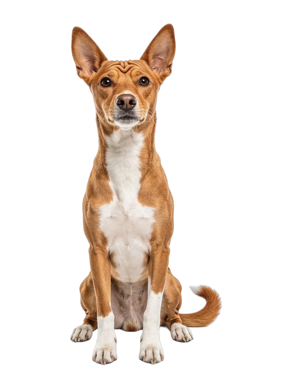 Basenji assis de face, pattes avant parallèles, front plissé et oreilles droites
