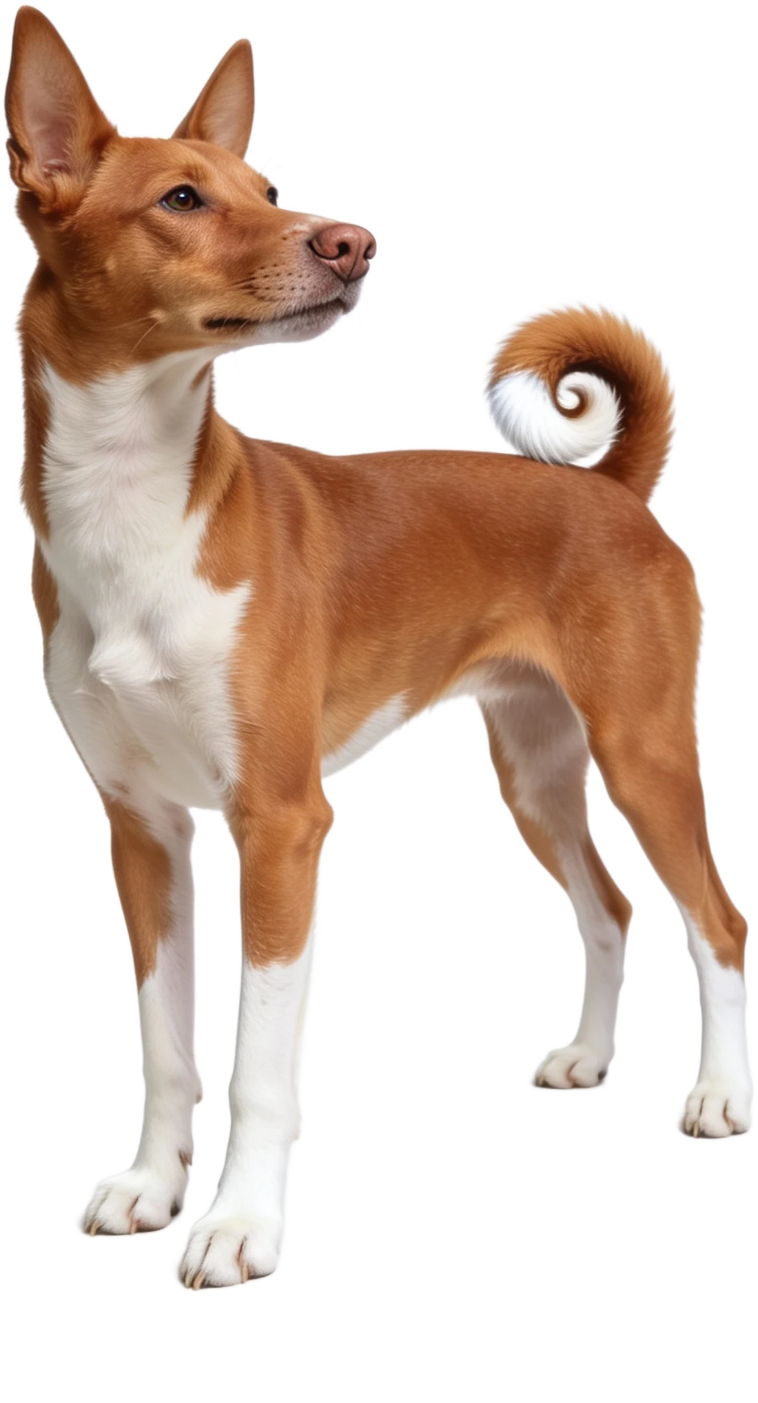Basenji adulte debout de profil, oreilles dressées, queue enroulée sur le dos, robe rouge et blanche